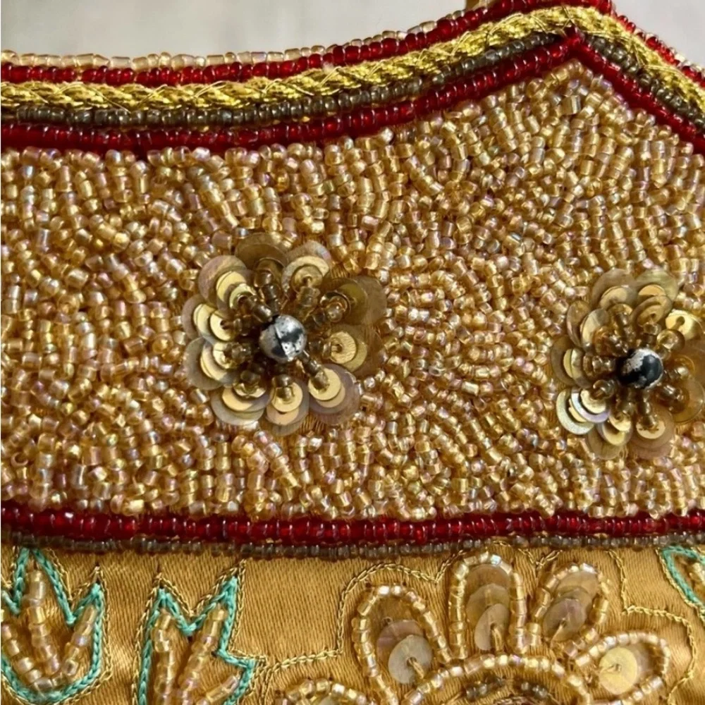 Hand Beaded Silk Indian Tote Bag  | Gold Floral Embroidery - Picture 4 of 8